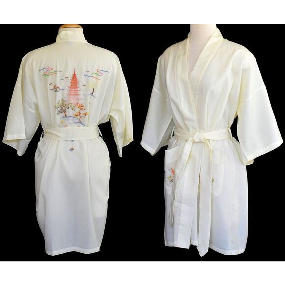 Vintage 80s Embroidered Rayon Blend Wrap Robe, Knee Length, New with Tags, NWT - Picture 2 of 10